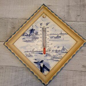 Vintage Dutch Themed Ceramic Wall Thermometer With Wooden Frame